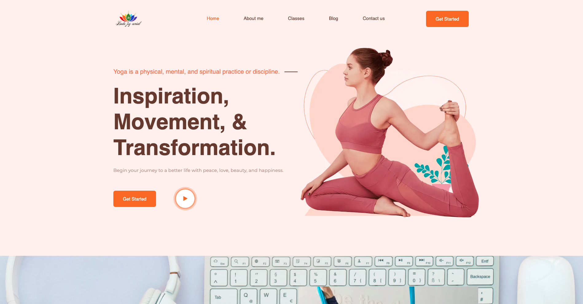 1. Woman in a yoga pose
2. Text: Inspiration, Movement, & Transformation 
3. Navigation menu options
4. Get Started buttons
5. Keyboard close-up for web design hinting at SEO strategy